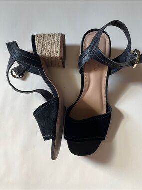 Arezzo Black Suede Block Heel Sandals with Ankle Strap